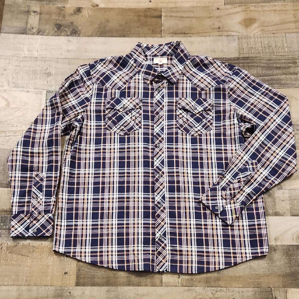 True Religion Plaid‎ Shirt Blue and White Button Down Shirt Mens 3XL